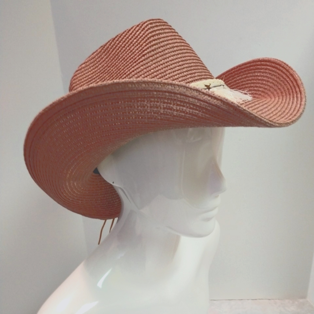 Unisex Woven Western Straw Beach Sun Hat Cowrie Cowry Shells Tassels Folds Mauve - Picture 2 of 9